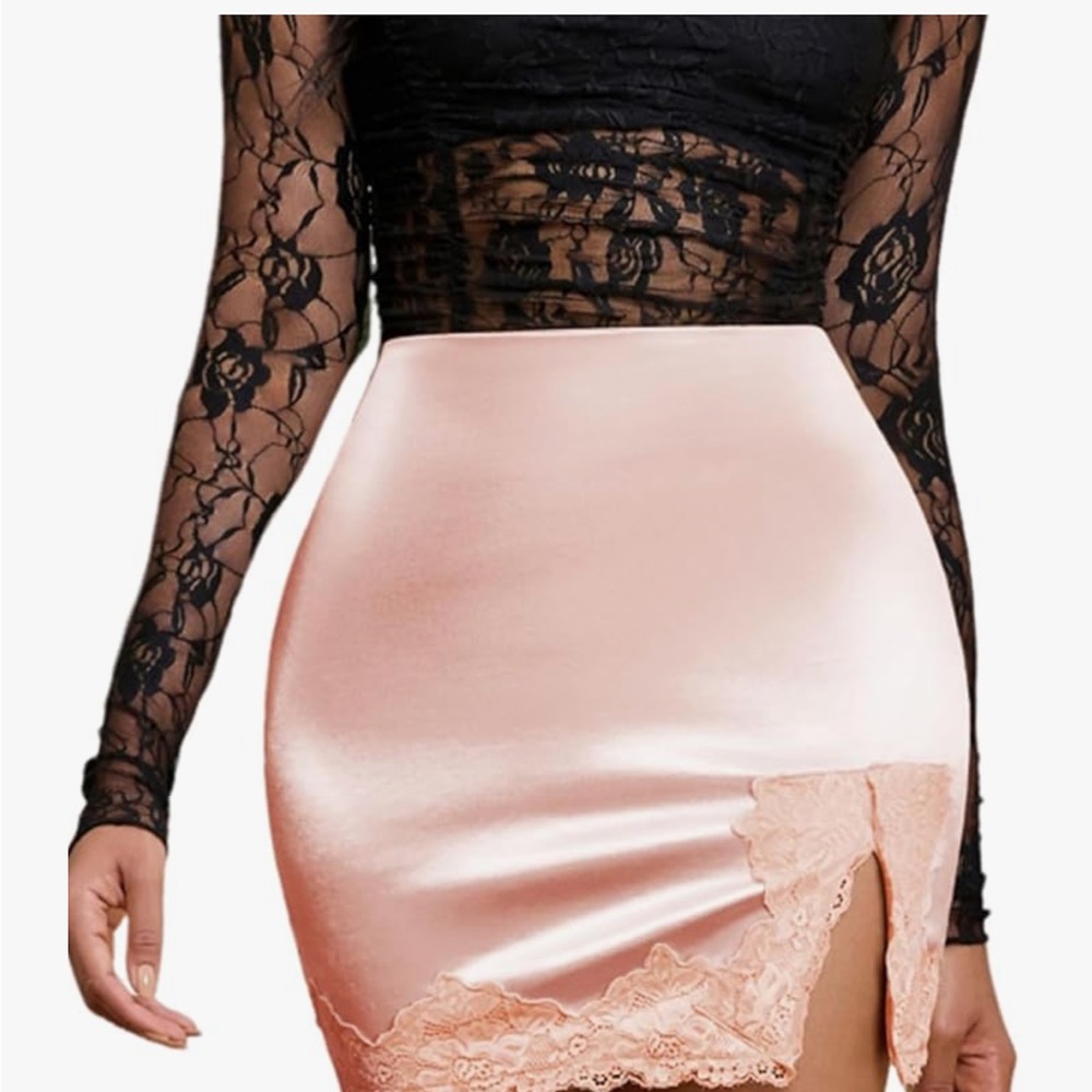 Pink Satin Skirt with Lace Trim